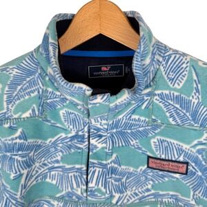 Vineyard Vines Fleece Snap Button Harbor Pullover Mens L Blue READ Fish Print